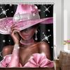 Black Woman Shower Curtain Pink Diamond Hat Glitter Fashion Afro Lady Modern Art with 12 Hooks