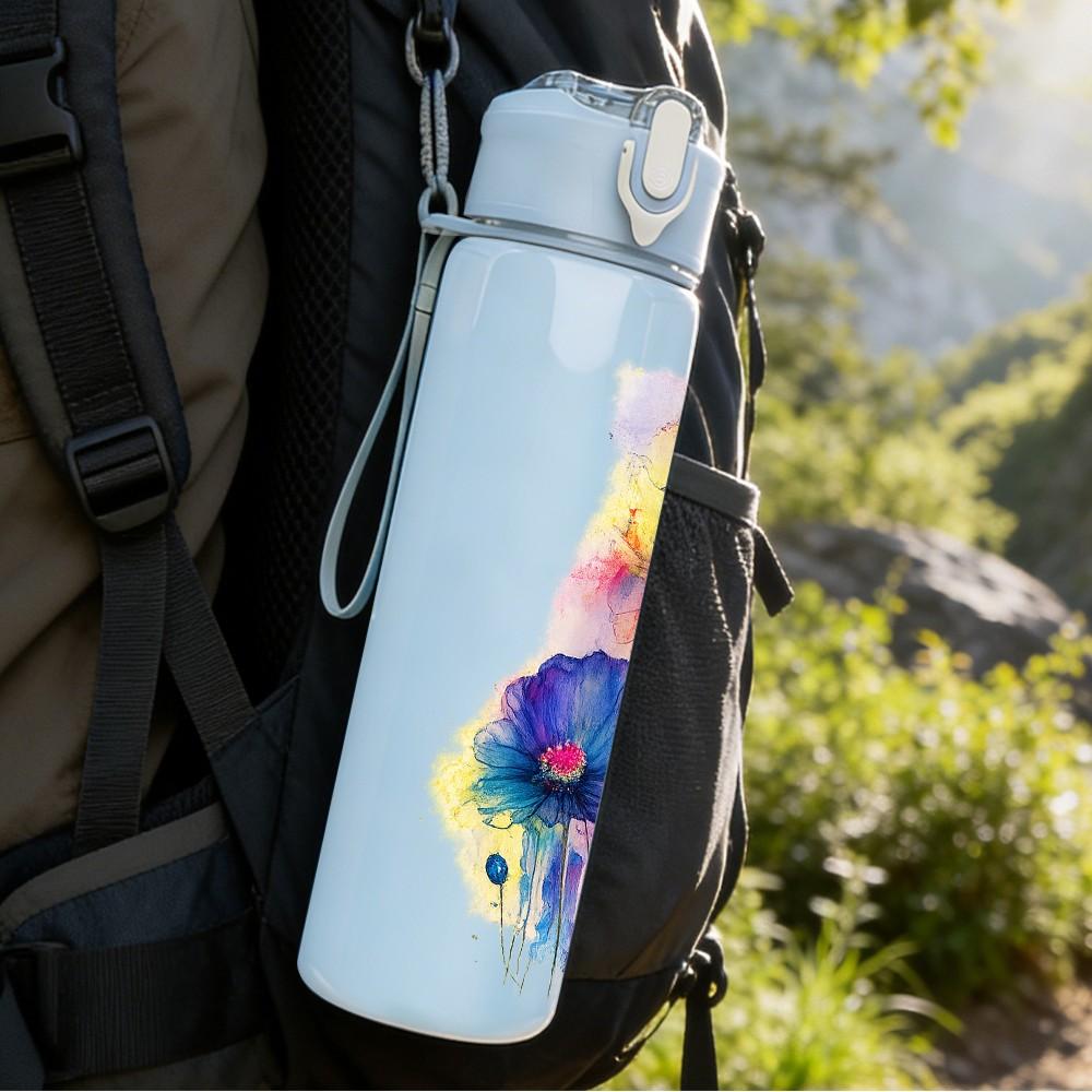 1PC Colorful Feather Boho Art Print 750ml Color Plastic Sports Water Bottle Leakproof Flip Straw Lid Suitable for Sports Office Home Use