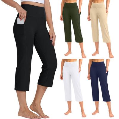 Women Cropped Pants with Pockets Solid Color High Waist Yoga Running Training Trousers Hip Lifting Leisure Pants