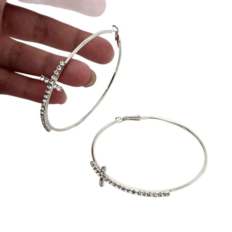 

[HS][LA]1Pair Shiny Big Circel Cross Hoop Earrings For Women Exquisite Rhinestones Ear Buckles High-end Geometric Jewelry Gift