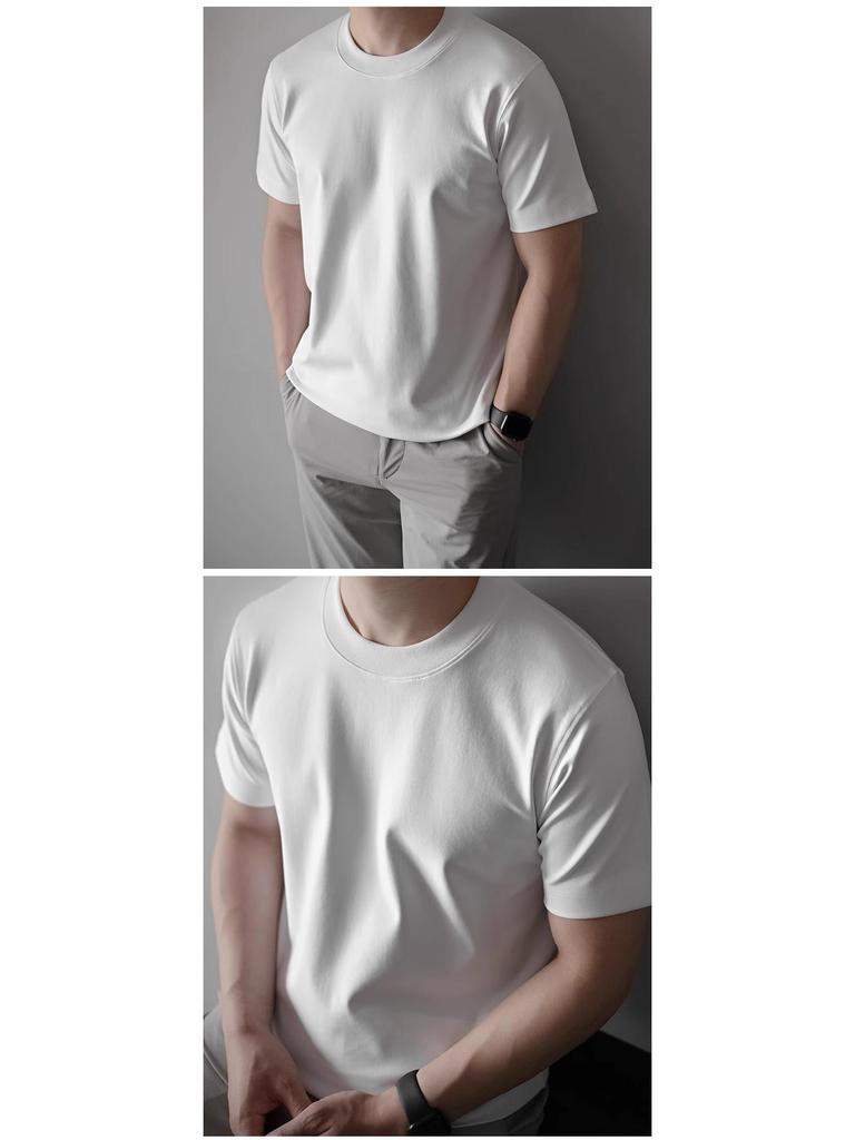 Men's Premium 240G Heavy Solid White T-Shirt, Mercerized Xinjiang Cotton, Short-Sleeve, Round Neck, Summer Wear