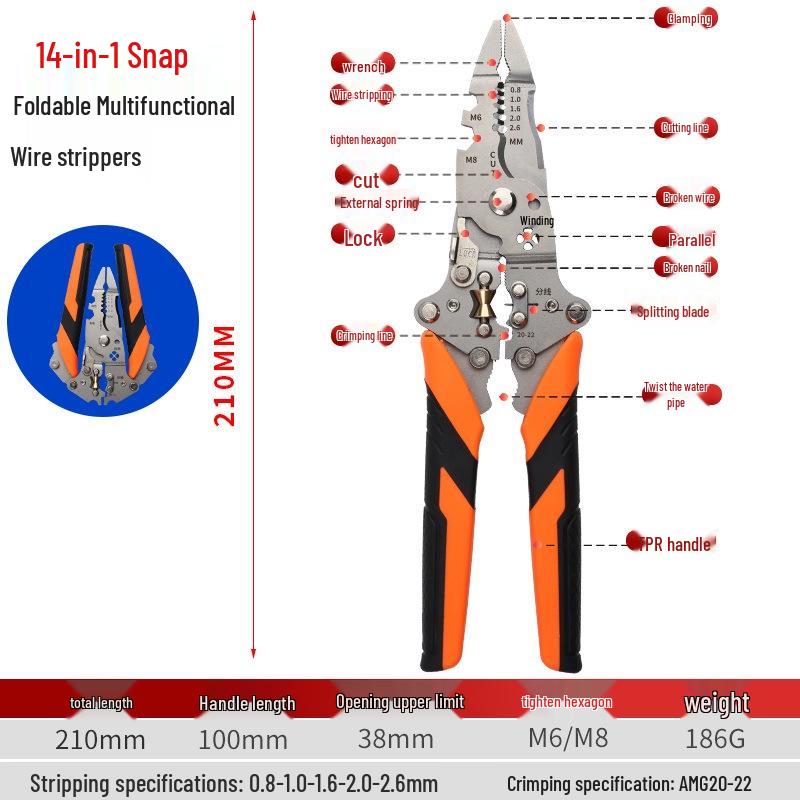 

Складана пряжка 14-в-1 Універсальні багатофункціональні плоскогубці для зняття ізоляції: Зняття ізоляції, Розділення, Скручування, Обтискання, Різання для електриків.