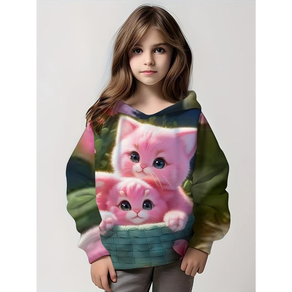 Kids Clothes Girl Hoodies Long Sleeve Cartoon 3D Cat Print Children Spring Fall Clothes Casual Cute Outdoor Girl Clothes Tops
