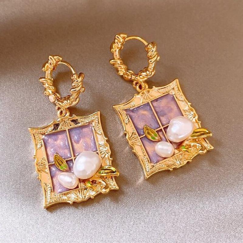 French Court Style Colored Enamel Glaze Double-layer Flower Stud Earrings Retro Pearl Design Earrings Monet Garden Decoration