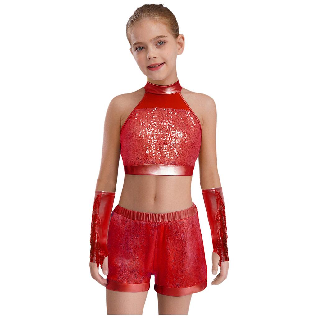 Flickors Dansuppträdandeset Ärmlös Crop Top Nyckelhålsrygg Glittrig Paljettdesign Shorts Tofsar Handskar