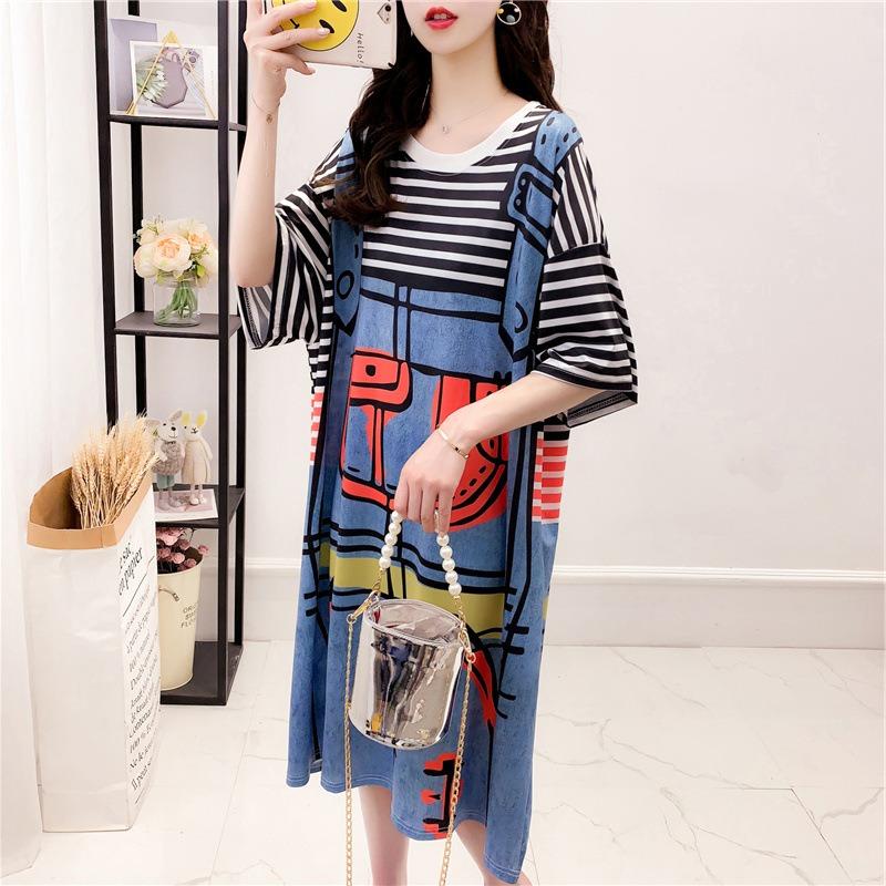 Women's Summer Short Sleeve Loose Cartoon Print Dress Fake Two Striped Suspenders T-shirt Dress