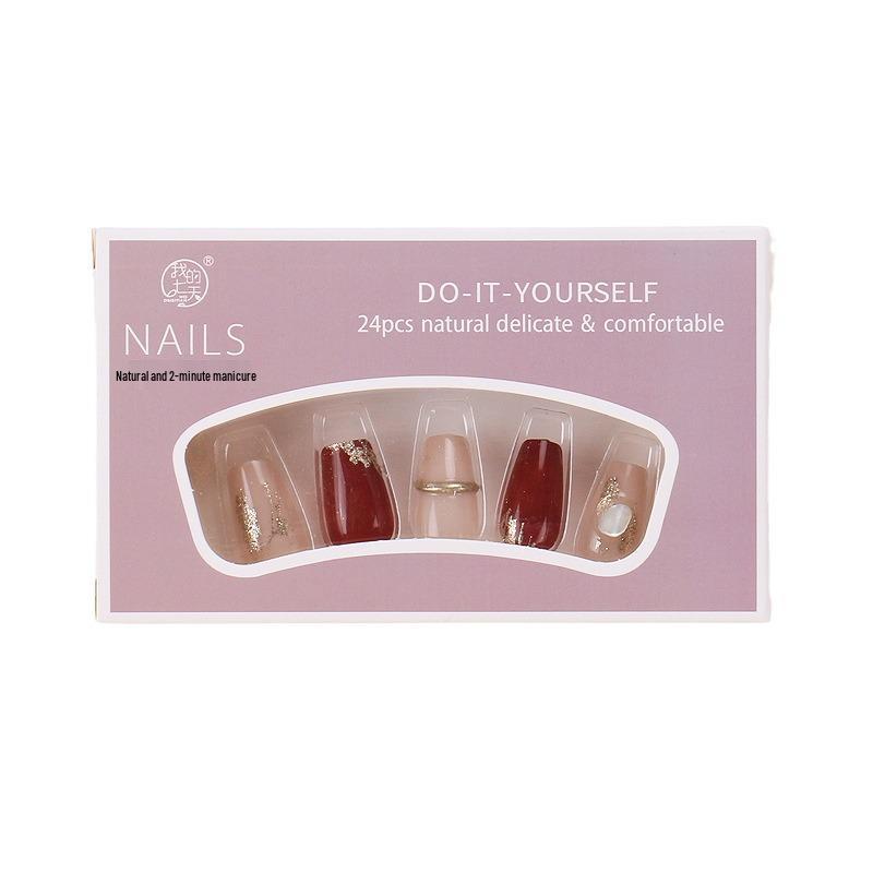 Wine Red Flash Pearl Handmade Gilded Nail Stickers - Removable Wearable Nails for Autumn & Winter