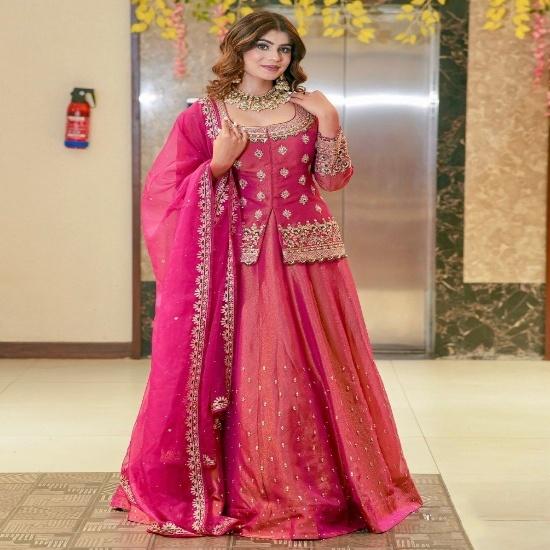 Zari-Embroidered Rani Pink Silk Anarkali Suit with Dupatta Set