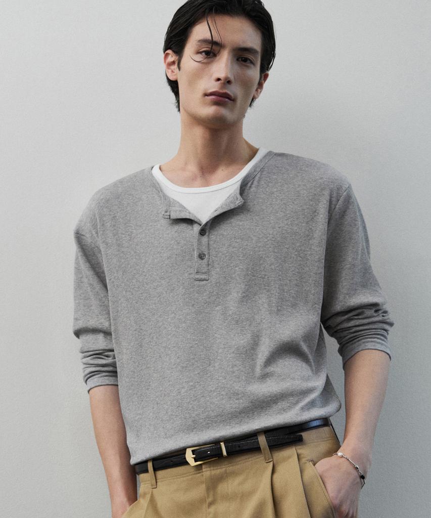 Beulleieo Double Layering Ribbed Henley Neck T-Shirt [M.Grey]