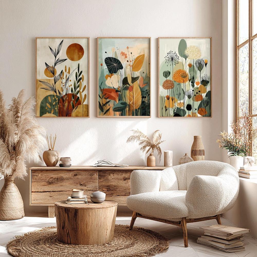 3pcs Frameless Bohemian Plant Wall Poster Modern Minimalist Wall Decor Living Room Flower Living Room Abstract Flower Printing