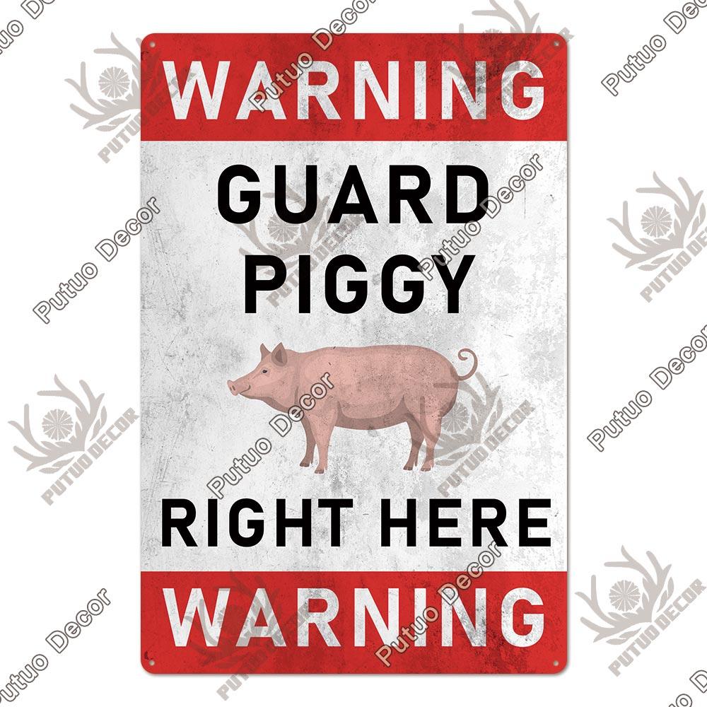 Putuo Decor Warning Tin Sign Vintage Metal Sign Pig Caution Plate Warning Decorative for Zoo Piggy Farm House Wall Decor