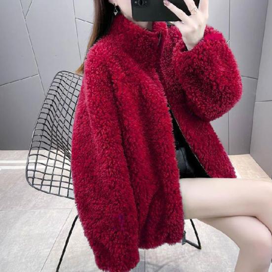 Winter Lady Coat Thickened Double-sided Faux Fleece Solid Color Stand Collar Neck Protection Letter Decor Long Sleeves Keep Warm Outdoor Travel Jacket