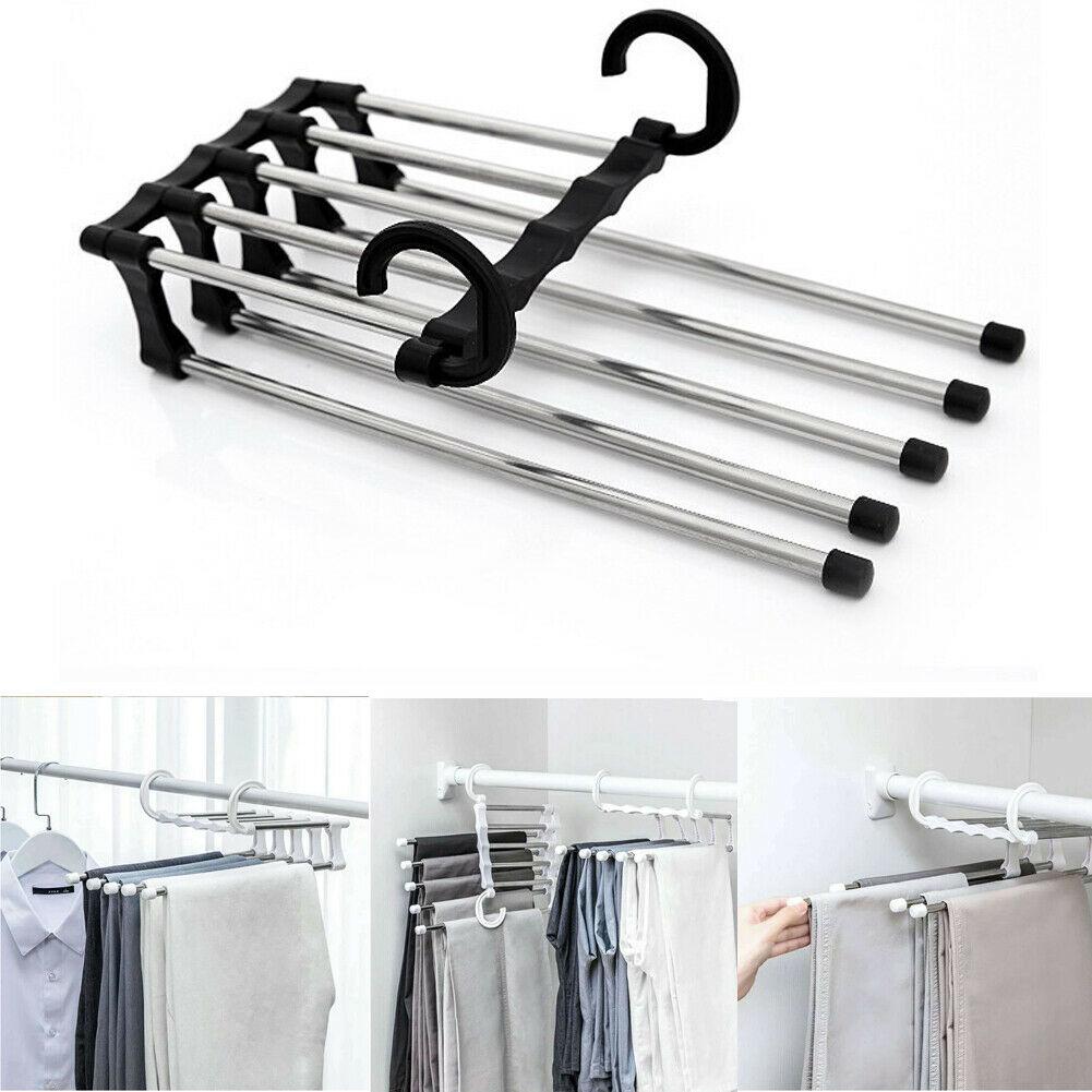 5 In 1 Multifunction Pant Rack Towel Shelves Closet Organizer Stainless Steel Wardrobe Adjustable Magic Trouser Hangers