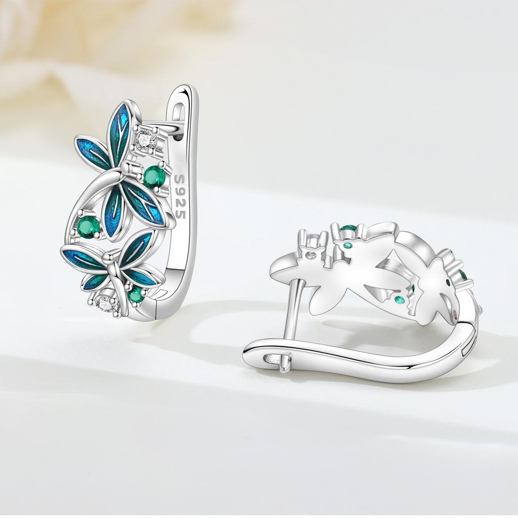 S925 Sterling Silver Blue Green Dragonfly Earrings Hoop Earrings Women Jewelry Original Trendy Anniversary Gifts
