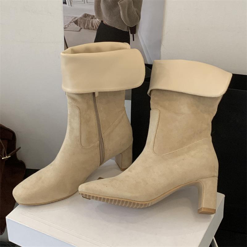 

Модные осенне-зимние женские ботильоны с круглым носком, на молнии, обувь в модном панк-стиле, квадратные каблуки, короткие ботильоны для женщин 39 абрикосовый