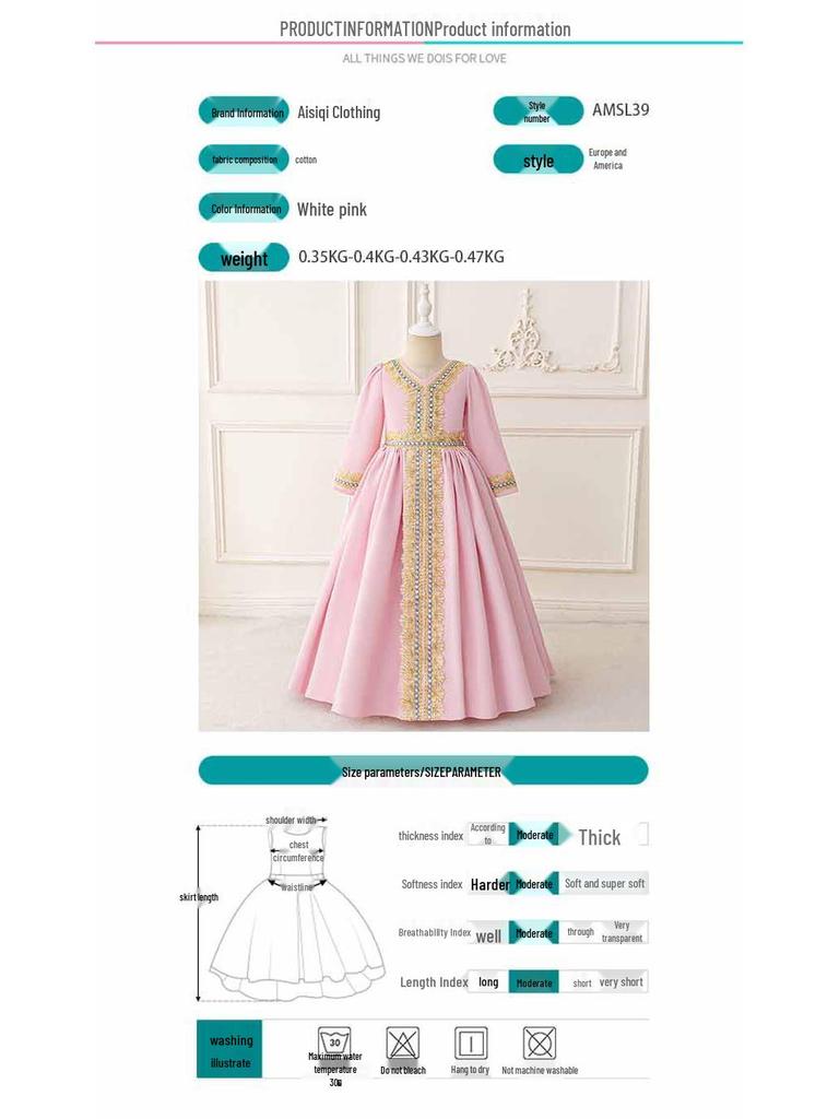 Nowa Sukienka Księżniczki z Długim Rękawem ze Złotą Folią dla Dziewczynek - Rozciągliwa w Czterech Kierunkach Suknia Wieczorowa dla Małych Dziewczynek