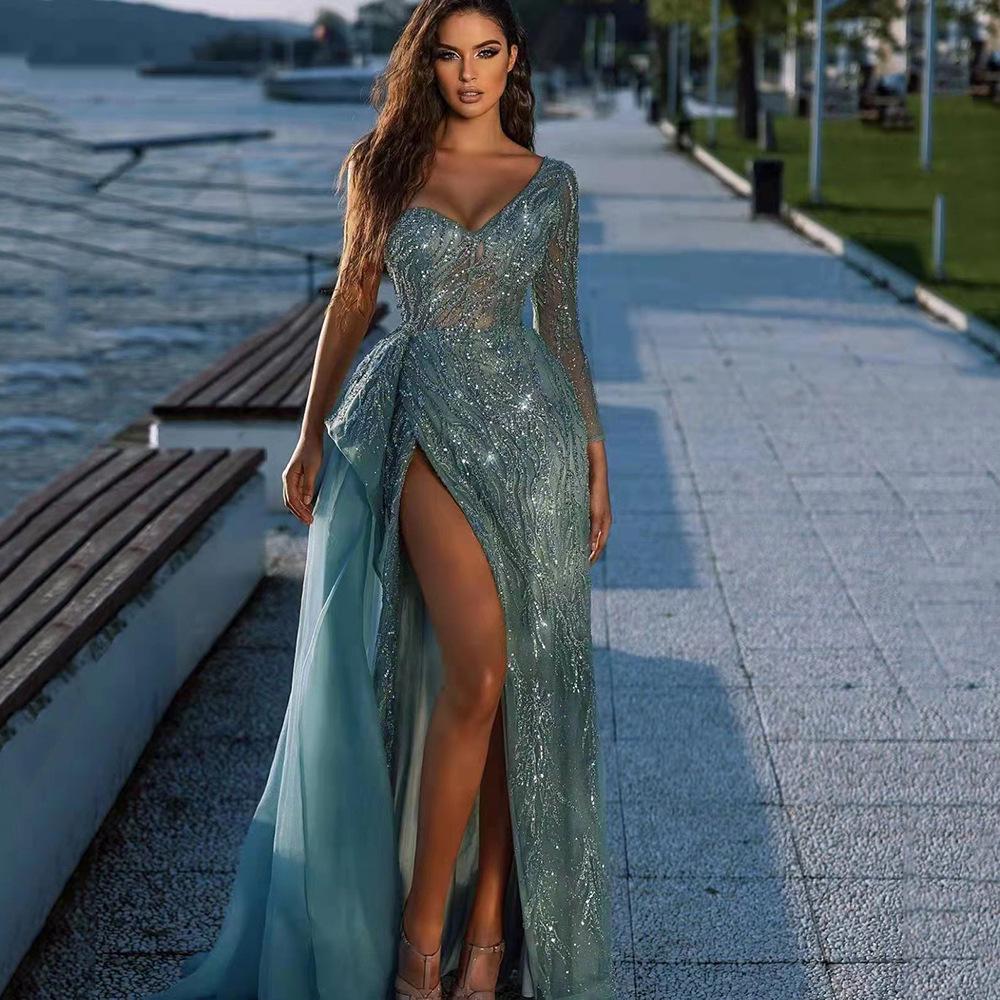 Gold Sequin Halter Neck Slit Dress - Sexy European & American Style for Spring/Summer Parties