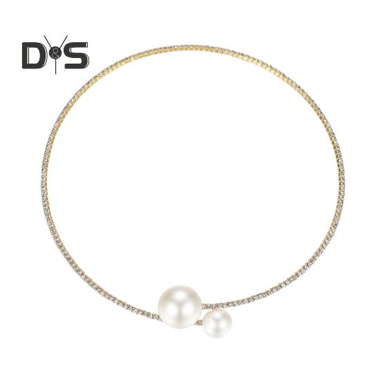 2Pcs/Set Women Elegant Jewelry Set Shiny Rhinestones Faux Pearls Adjustable Open Collar Necklace Bangle Set