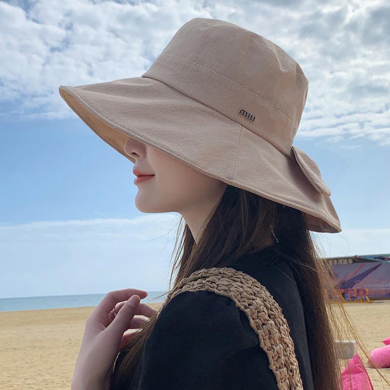 Spring and Autumn trendy hat women's versatile bow bucket hat breathable sunscreen sun hat big edge sun hat