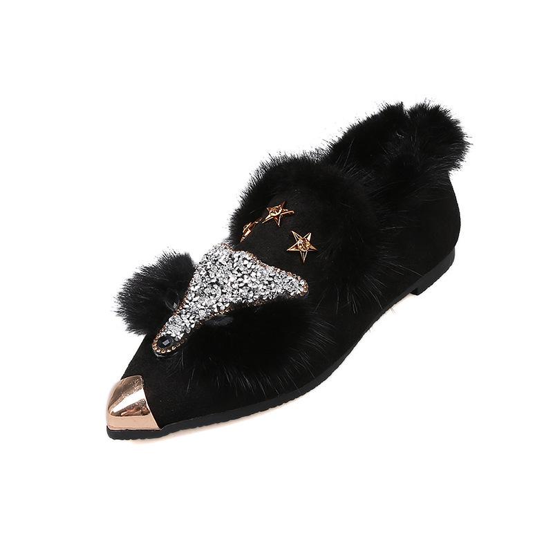 Fox Fur Women's Shoes Fashion Rhinestone Plus Velvet Shoes Flat-bottomed Beanie Shoes Plus Velvet
