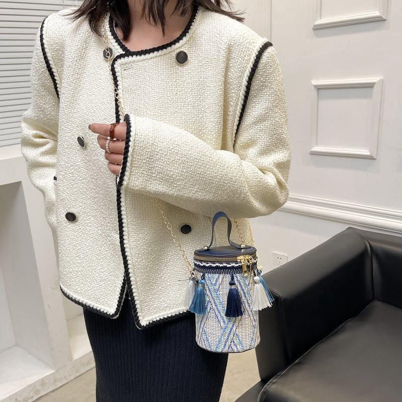 Stylish Round Box Bag For Women In Ethnic Design Soft Weave With Tassel Detail