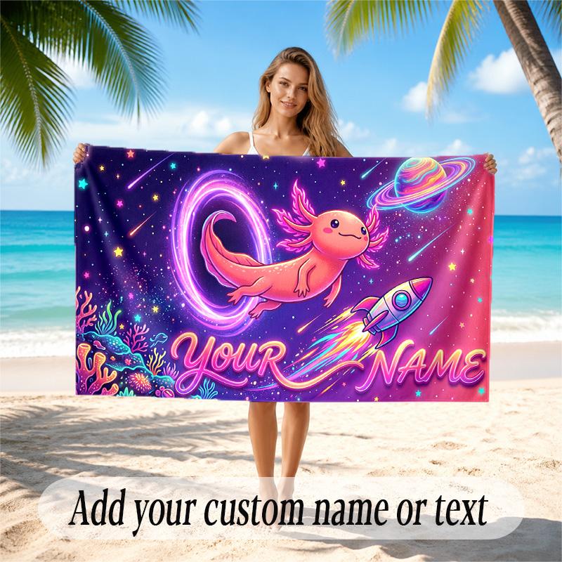 Axolotl Theme Quick Dry Beach Towel Custom Name Text Print Large Sand Resistant Towel Beach Vacation