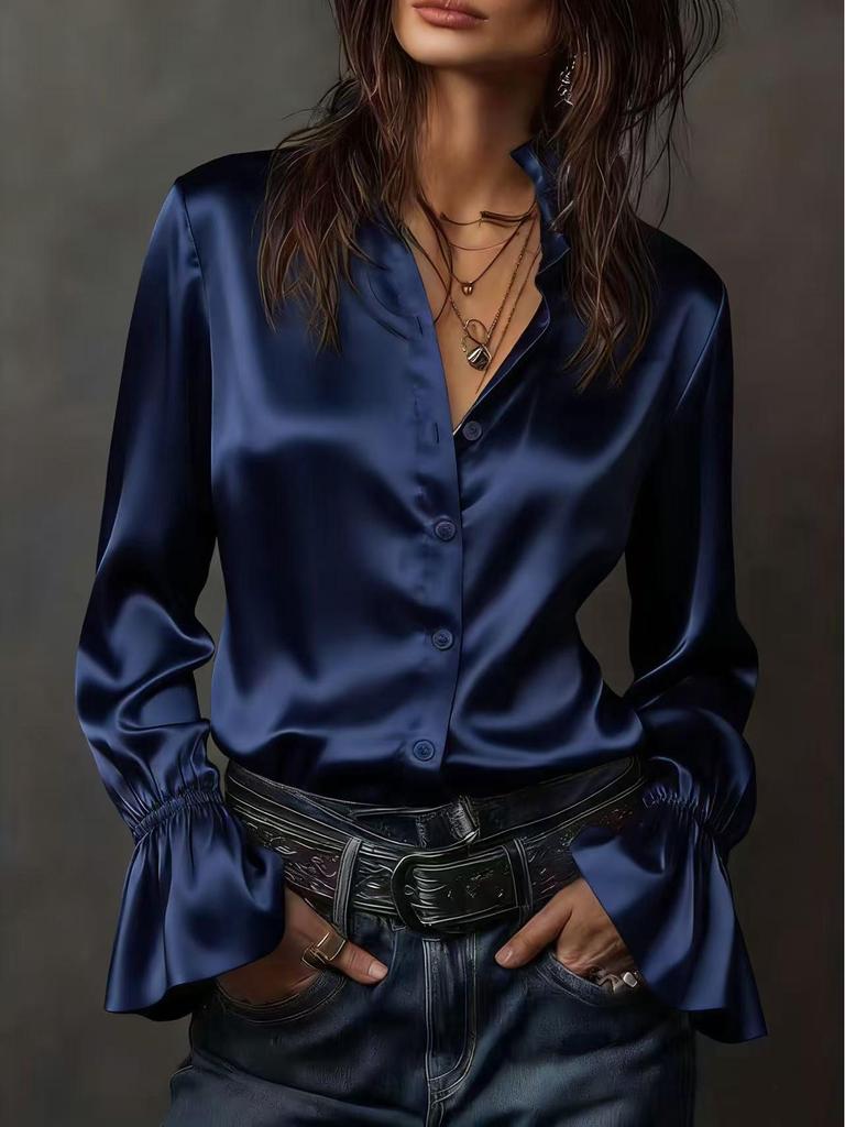 Elegant Women's Long Sleeve Solid Color Satin Shirt - Spring 2026 Collection