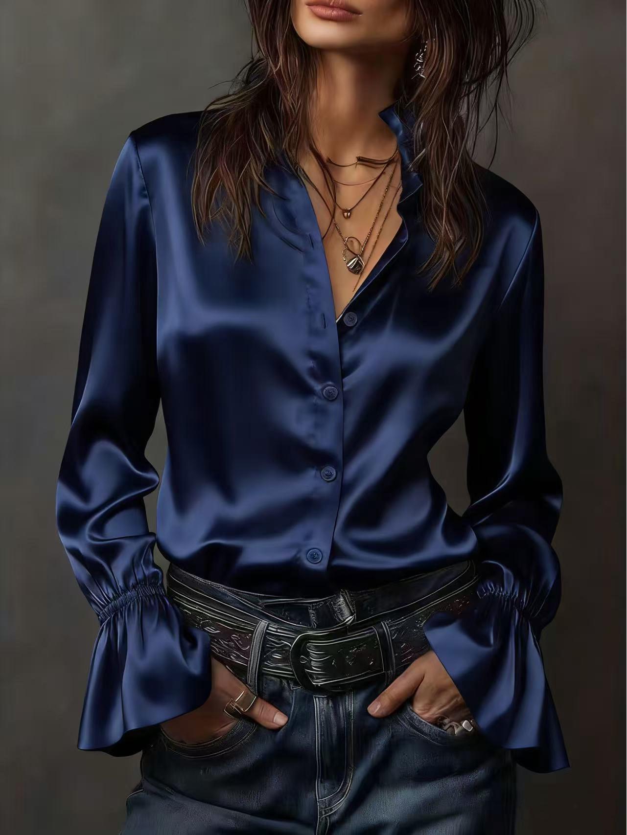 Elegant Women s Long Sleeve Solid Color Satin Shirt - Spring 2026 Collection S темно-синий