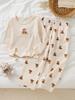 Conjunto de Pijama para Niñas de Algodón con Estampado de Oso y Costilla en Color Albaricoque, Manga Larga y Pantalones Largos Casuales, Ropa para Fiestas de Pijama, Invierno Otoño