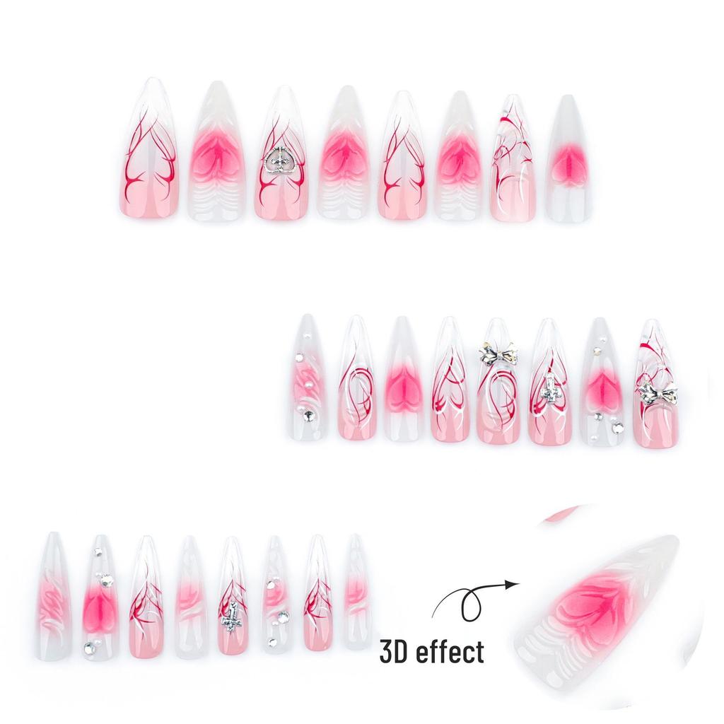 3D Bow Spicy Girl Nails: Long, Pointed, Gradient Heart Press-On Nails