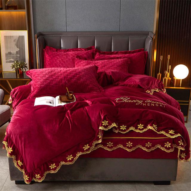 Juego de funda nórdica de terciopelo bordado de lujo, juego de