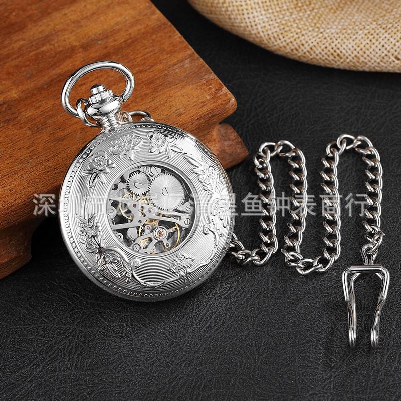 Vintage Style Mechanical Pocket Watch With Roman Numeral Dial Skeleton Back Men Women Gift