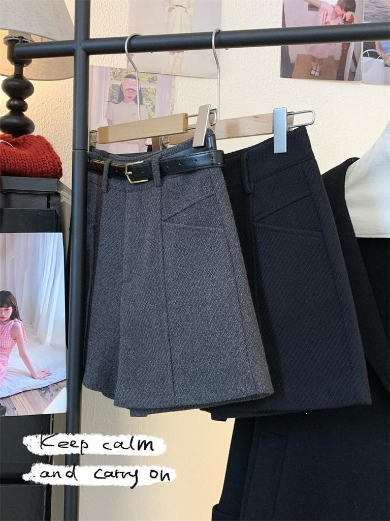 Korean Style Plus Size A-Line Woolen Shorts - Women's Spring/Autumn High Waist Loose Fit Wide Leg Pants