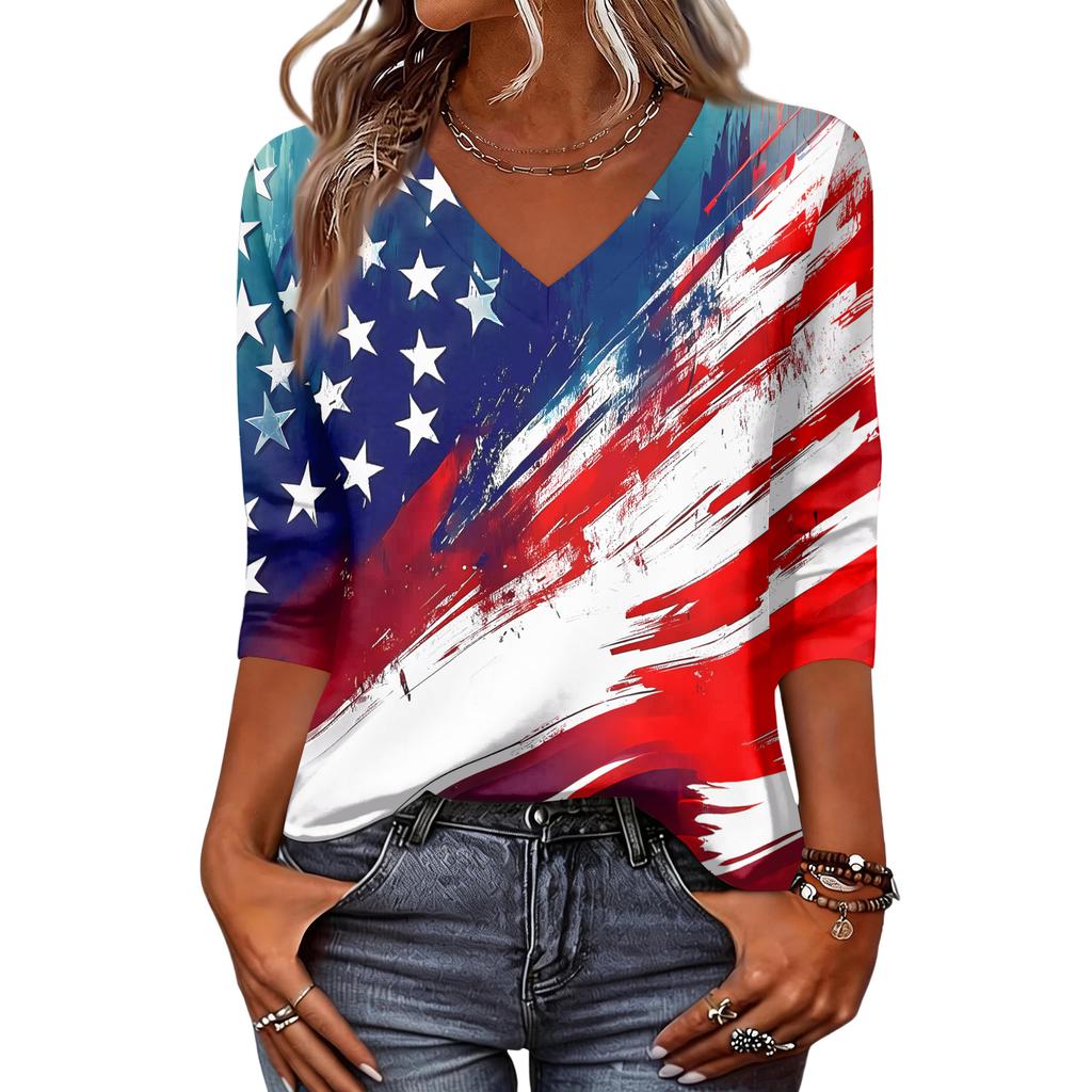Womens V Neck 34 Sleeve Loose Fit Casual Blouse Flag Print Top Seven Quarter Sleeve Shirt for Daily Wear