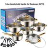 Stainless Steel Non-stick Cookware Set with Gold Handles, 12 PCS - Includes Soup Pot, Frying Pan, Steamer Basket.