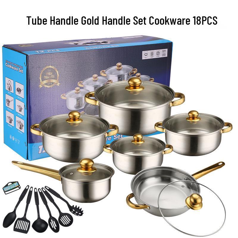Stainless Steel Non-stick Cookware Set with Gold Handles, 12 PCS - Includes Soup Pot, Frying Pan, Steamer Basket.