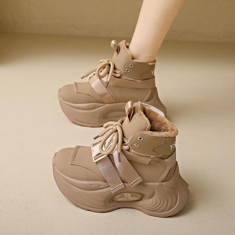 Fashion Chunky Platform Sneakers for Women 2024 New Winter Warm Fur Lace Up Vulcanized Shoes Woman 9.5CM High Heels Sports Leather Shoes