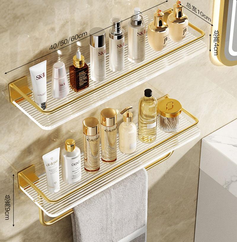 Brushed Gold Bathroom Shelf With Rod 30-50cm Towel Bar Acrylic Wall-mounted Towel Rack Shower Storage Rack Bathroom Hardware