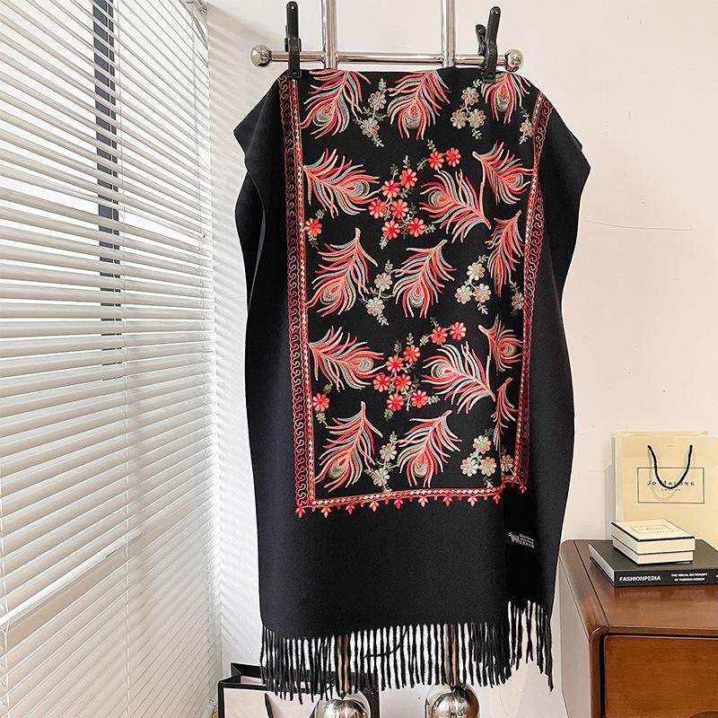 Winter Warm Cashmere Scarf for Women Floral Embroidery Pashmina Blanket Thick Shawl Wrap Neckerchief Elegant Poncho Bufanda
