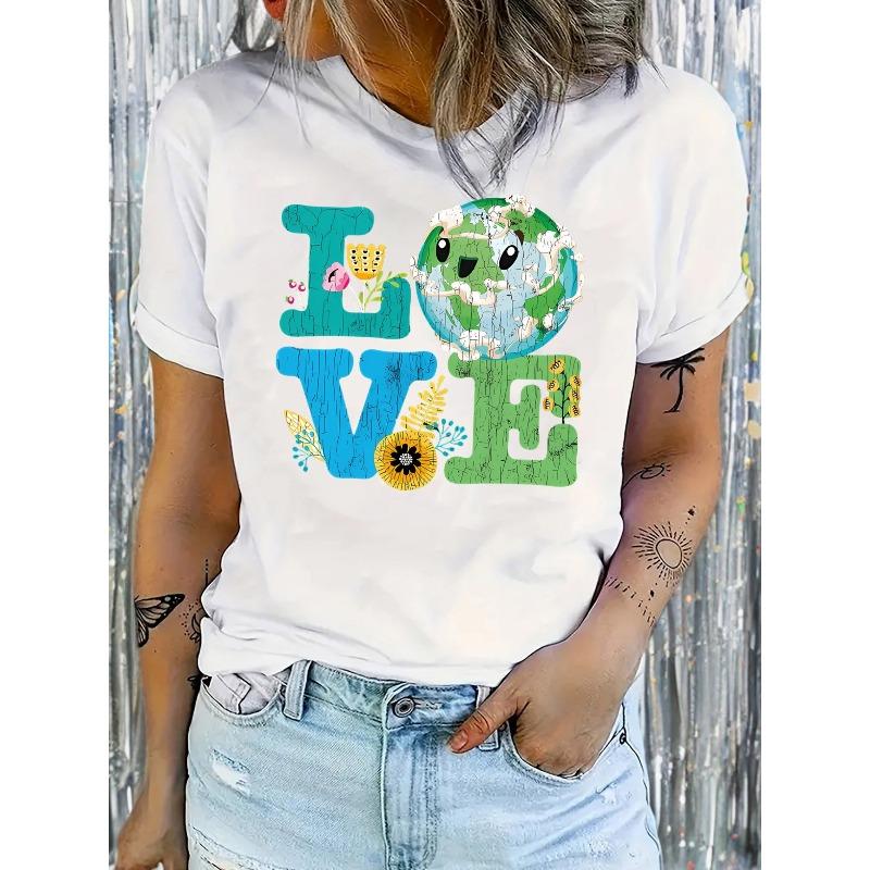 

Women s Love Earth Print T-Shirt Casual Short Sleeve Summer Vacation Fashion Top S белый