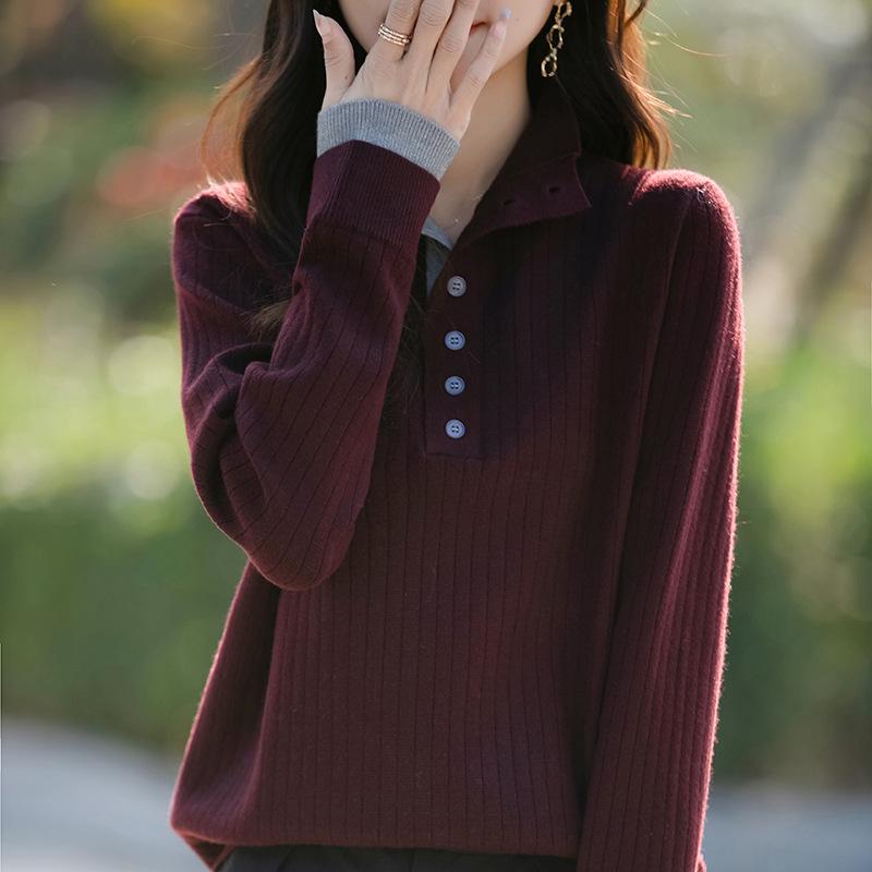 Women's Knitted Sweater with Turn-Down Collar - Two-Piece Illusion, Long Sleeve, Loose Fit, Slimming Design for Autumn/Winter.