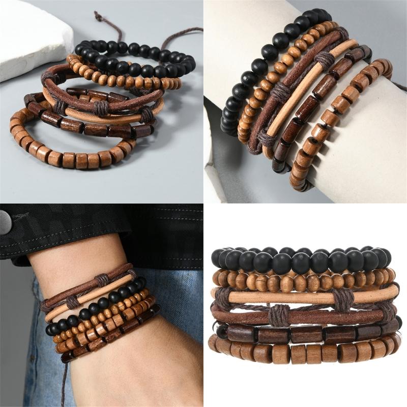 5Pcs Handmade Multilayer Elastic Cord Bracelet Coconut Shell Wood Beads Bangle Adjustable Retro Jewelry Gift