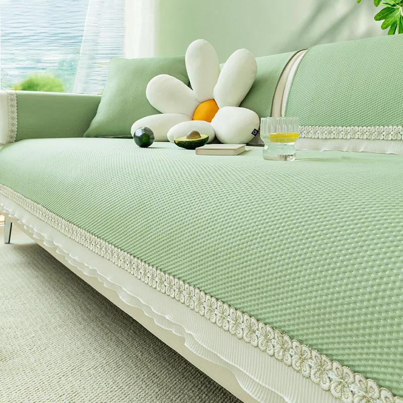 Summer Cooling Couch Cushion White Side AntiSlip Sofa Cover for Living Room Summer Breathable Ice Silk Lace Solid Color Sofa Mat