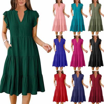 Women's V-neck, Ruffled Sleeve, Mid-length, Patchwork, Wide Skirt, Pocket Dress