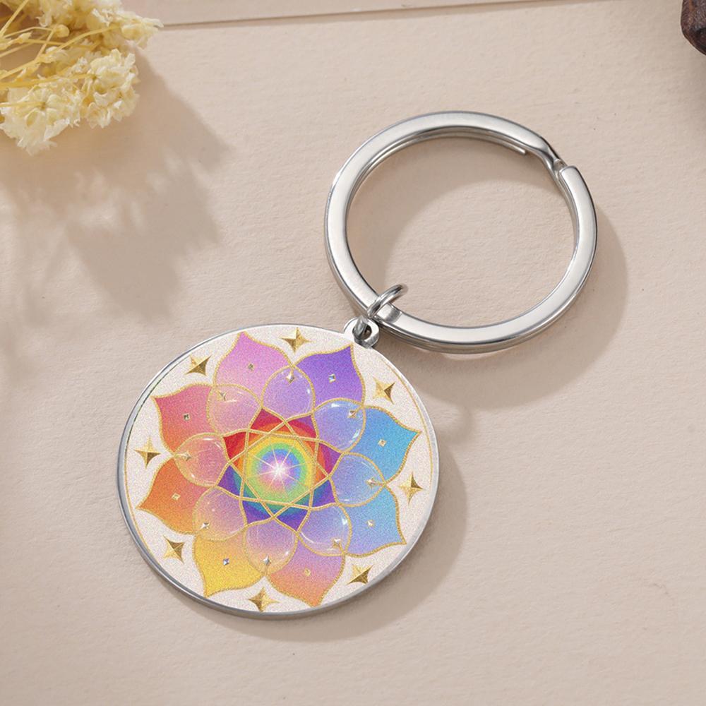 Dawapara Lotus Flower Keychain Spiritual Healing Lotus Colorful Mandala Keyring Stainless Steel Yoga Jewelry