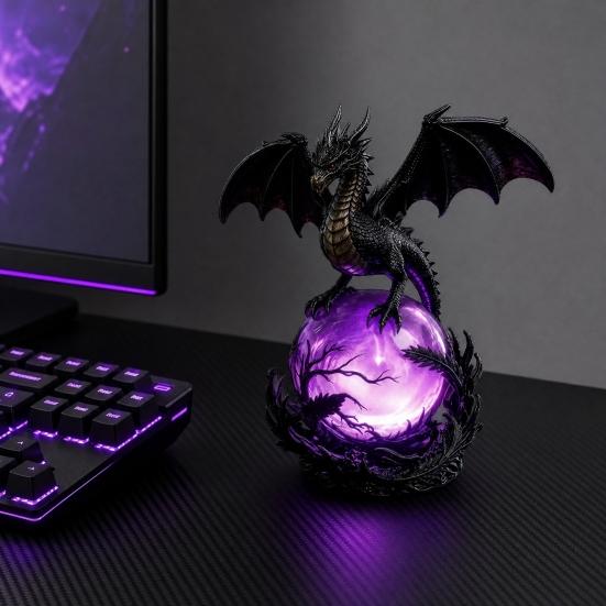 Dragon Faux Crystal Ball Lamp, Gothic USB Night Light, Dark Fantasy Resin Decor for Desk Bedroom, Halloween Gift for Gothic Lovers