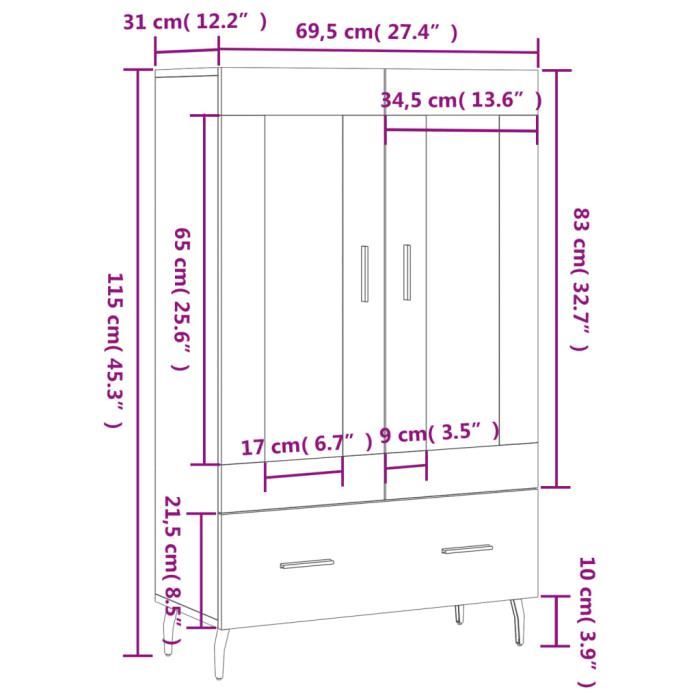 VidaXL Buffet haut chêne fumé 69,5x31x115 cm bois d'ingénierie 828321