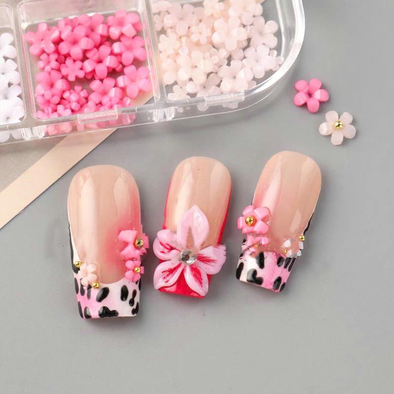 

6 Grid 3D Mixed Small Flower Nail Art Charms With Gold Silver Beads Kawaii Resin Fashion Cartoon Nail Decorations Diy onesize