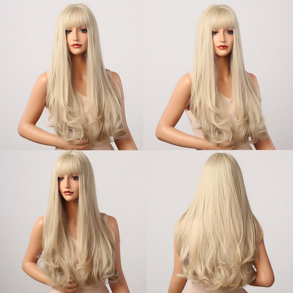 Long Natural Wavy Platinum Blonde Wigs with Bangs Cosplay Party Lolita Synthetic Wigs for Women Heat Resistant Fiber