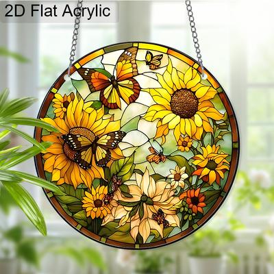 Acrylic Sunflower and Butterflies Suncatcher, Stained Glass Style Window Hanging Ornament for Nature and Garden Lovers